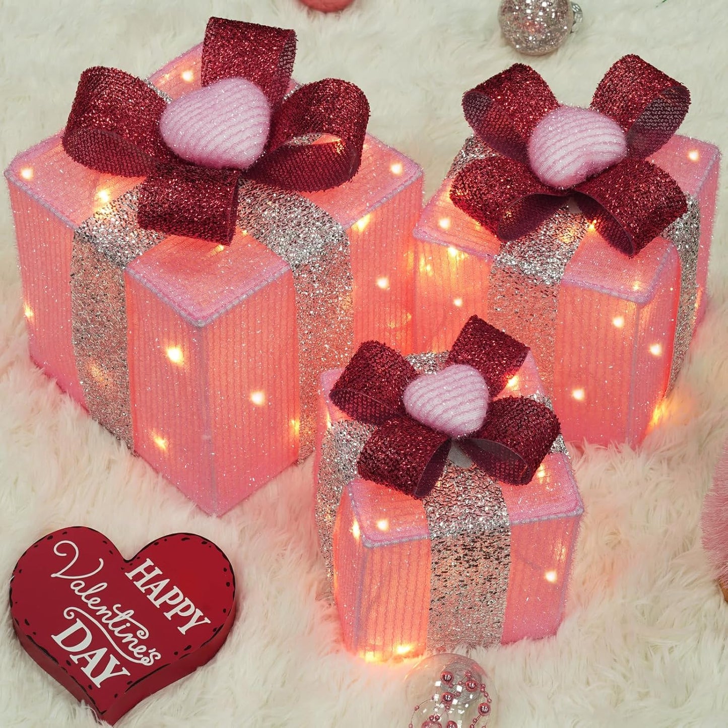 Set of 3 Lighted Gift Boxes for Christmas and Valentine's Day