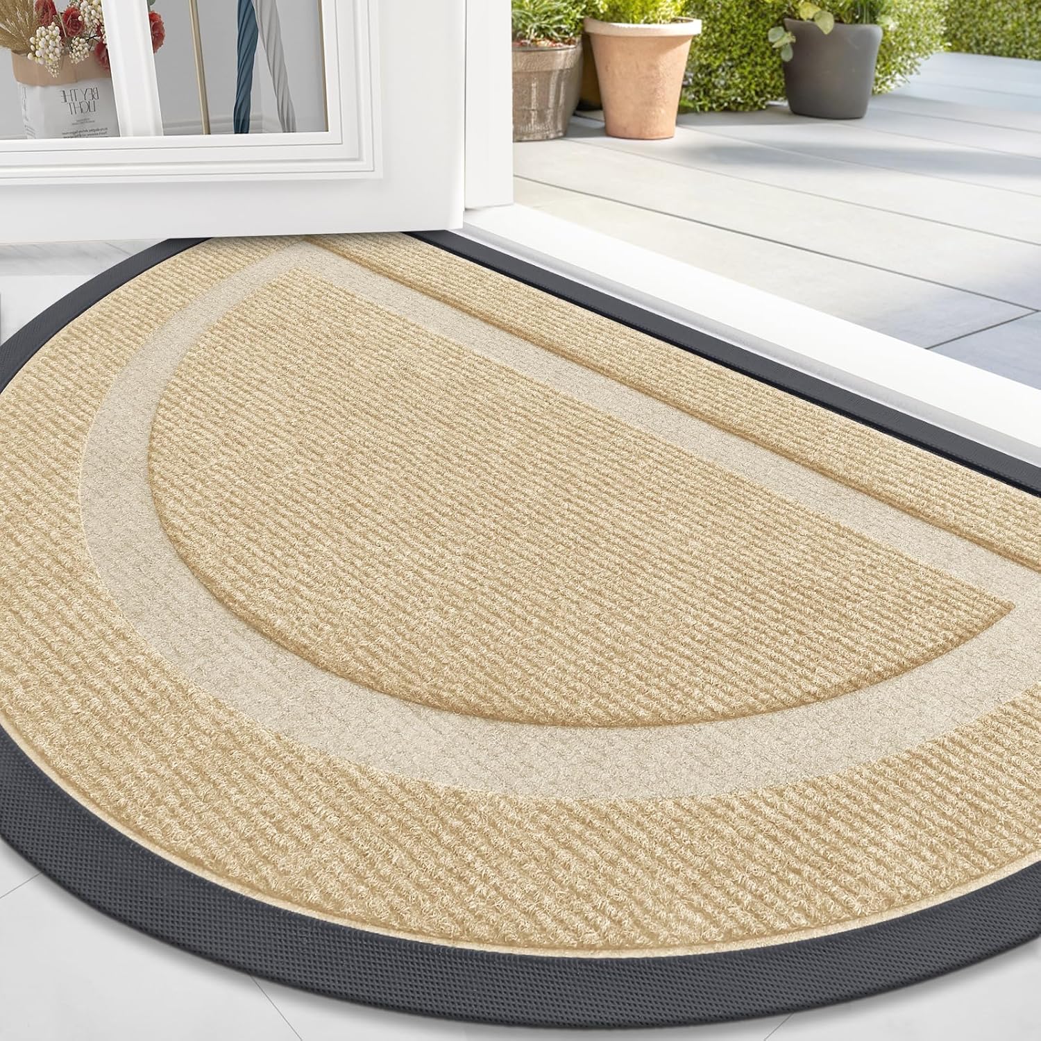 OLANLY Half Circle Door Mat for Indoor Outdoor Use, Beige