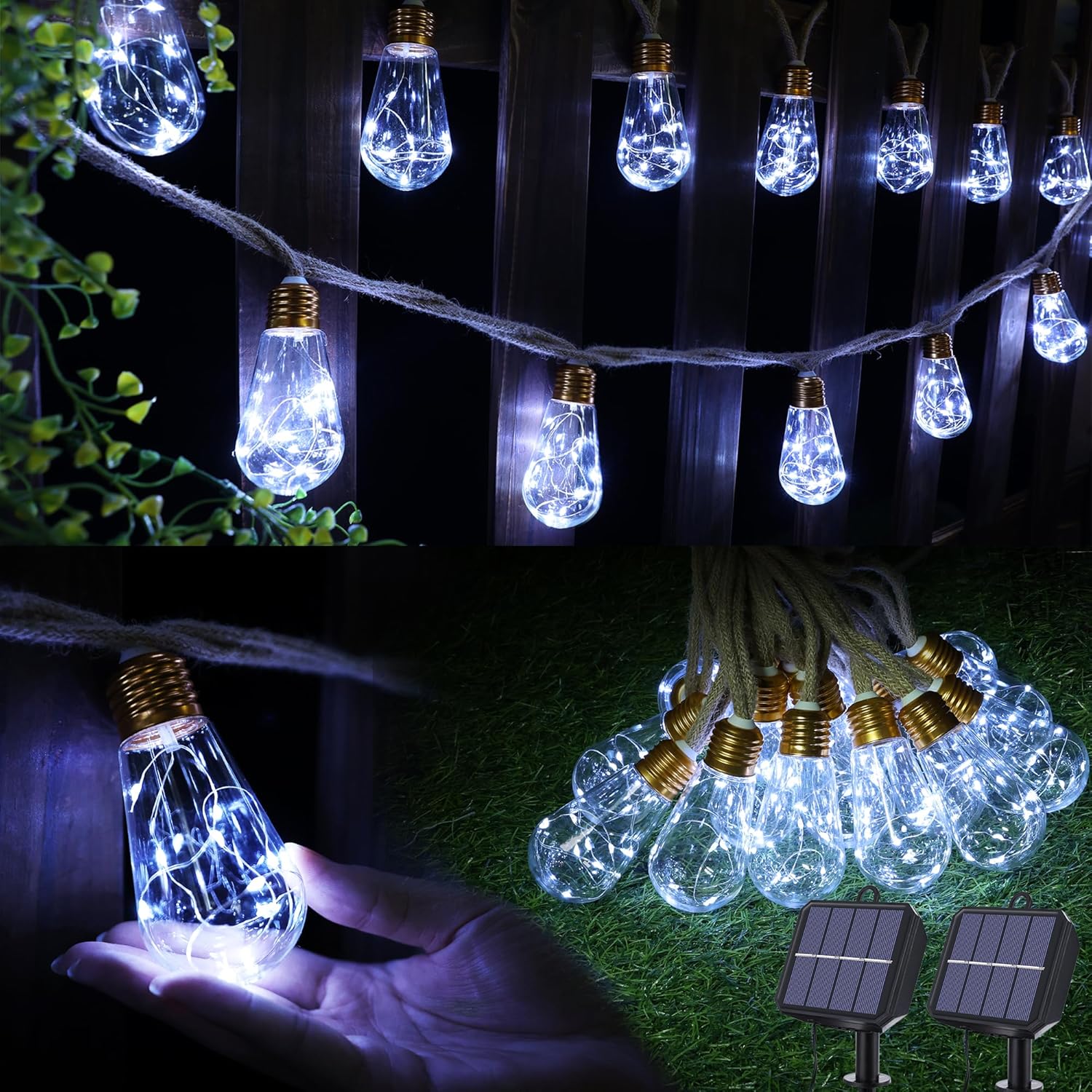 Vintage Rope Hemp Solar Outdoor String Lights for Cozy Atmosphere