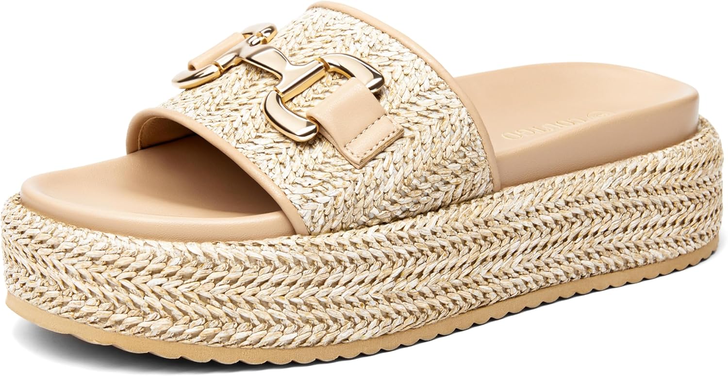 Coutgo Womens Platform Sandals with Raffia and Metal Chain