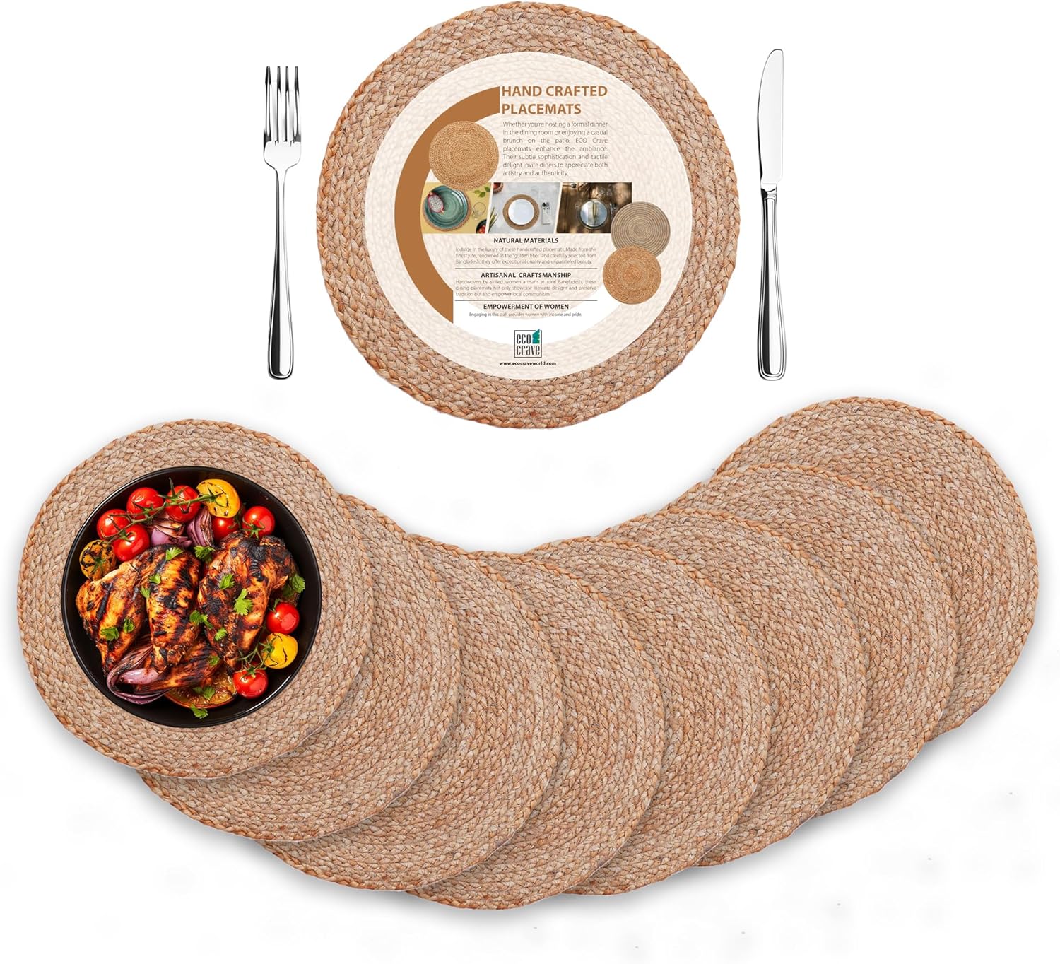 Jute Placemats Set of 8 Round Woven Natural Table Decor