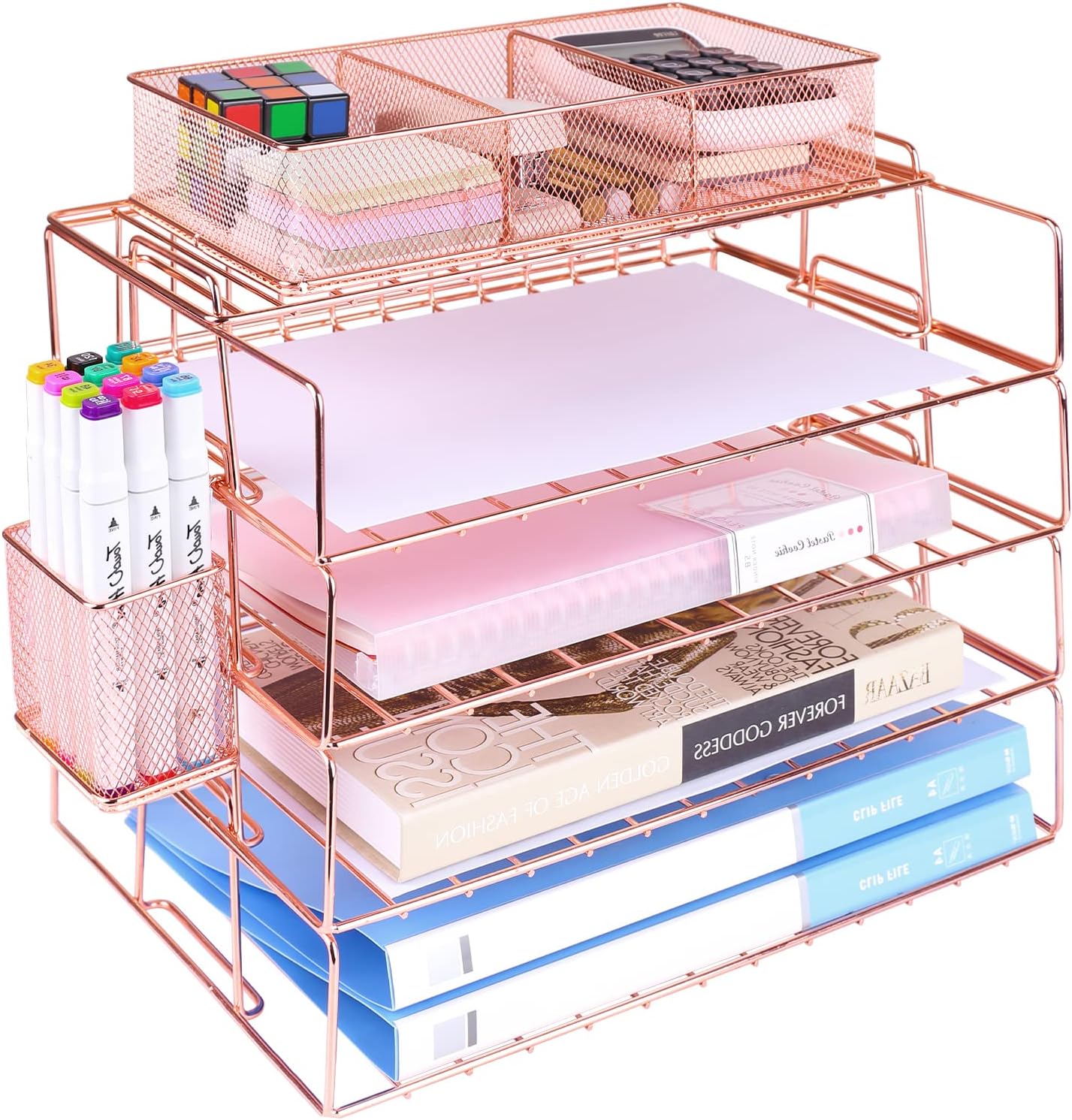 4 Tier Rose Gold Desk Organizer - Stylish & Practical!