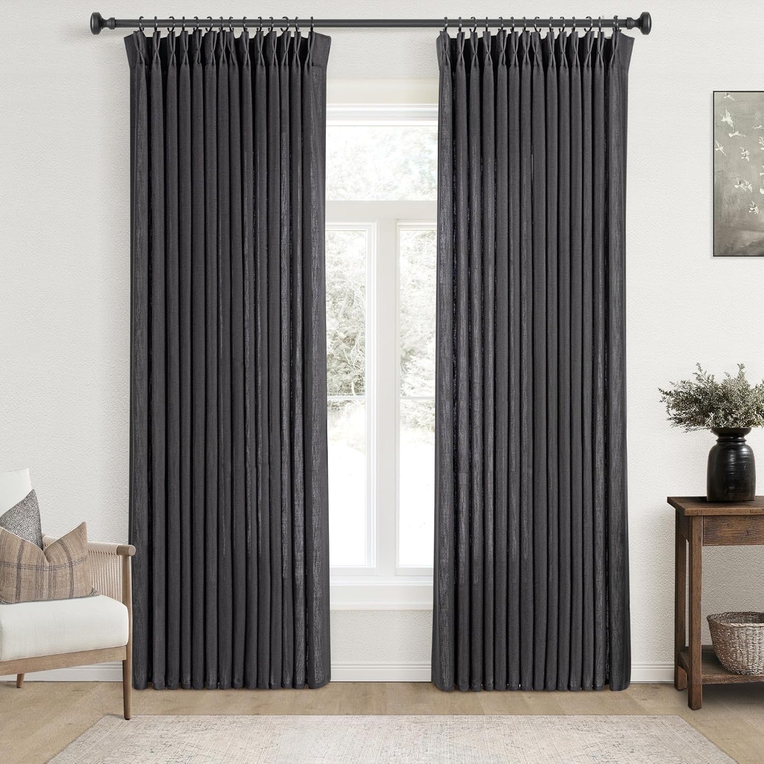 Pinch Pleated Linen Black Curtains 102in Length for Living Room
