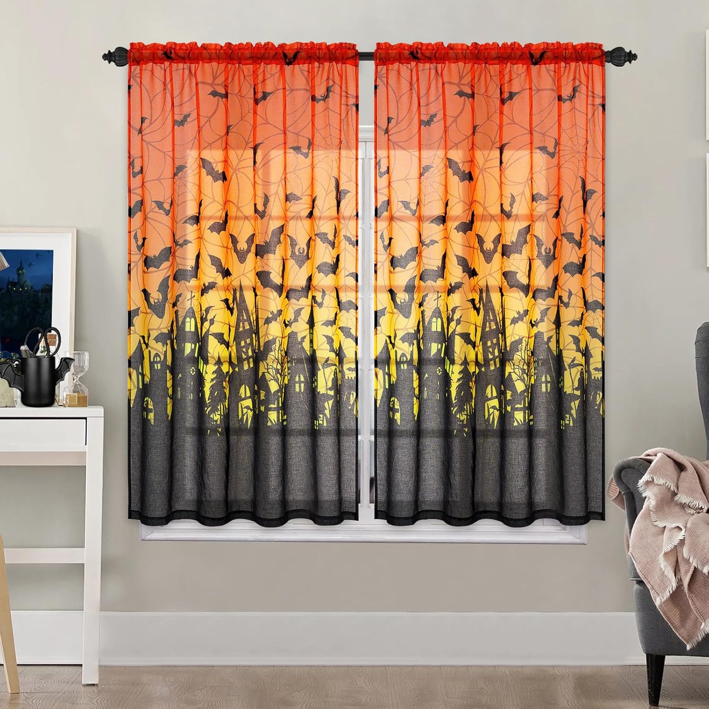 ASPMIZ Halloween Sheer Curtains 63 - Spooky Spider Web & Bat Design