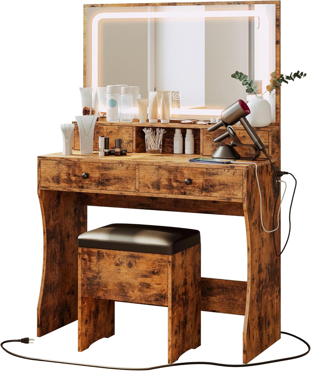 IRNCK Vanity Desk Set with LED Mirror & Power Outlet