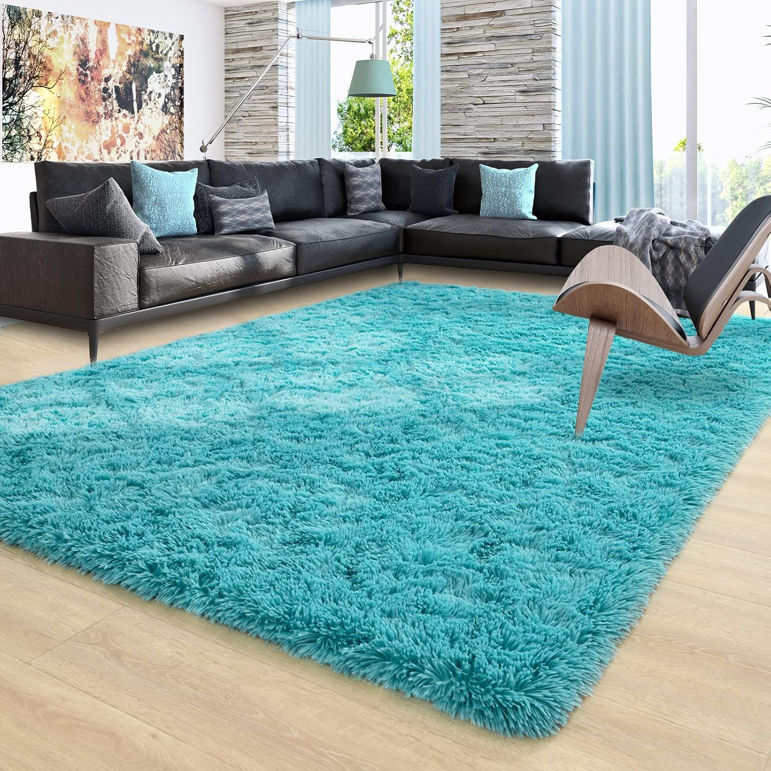 Ompaa Teal Blue 8x10 Feet Large Area Rugs for Cozy Spaces