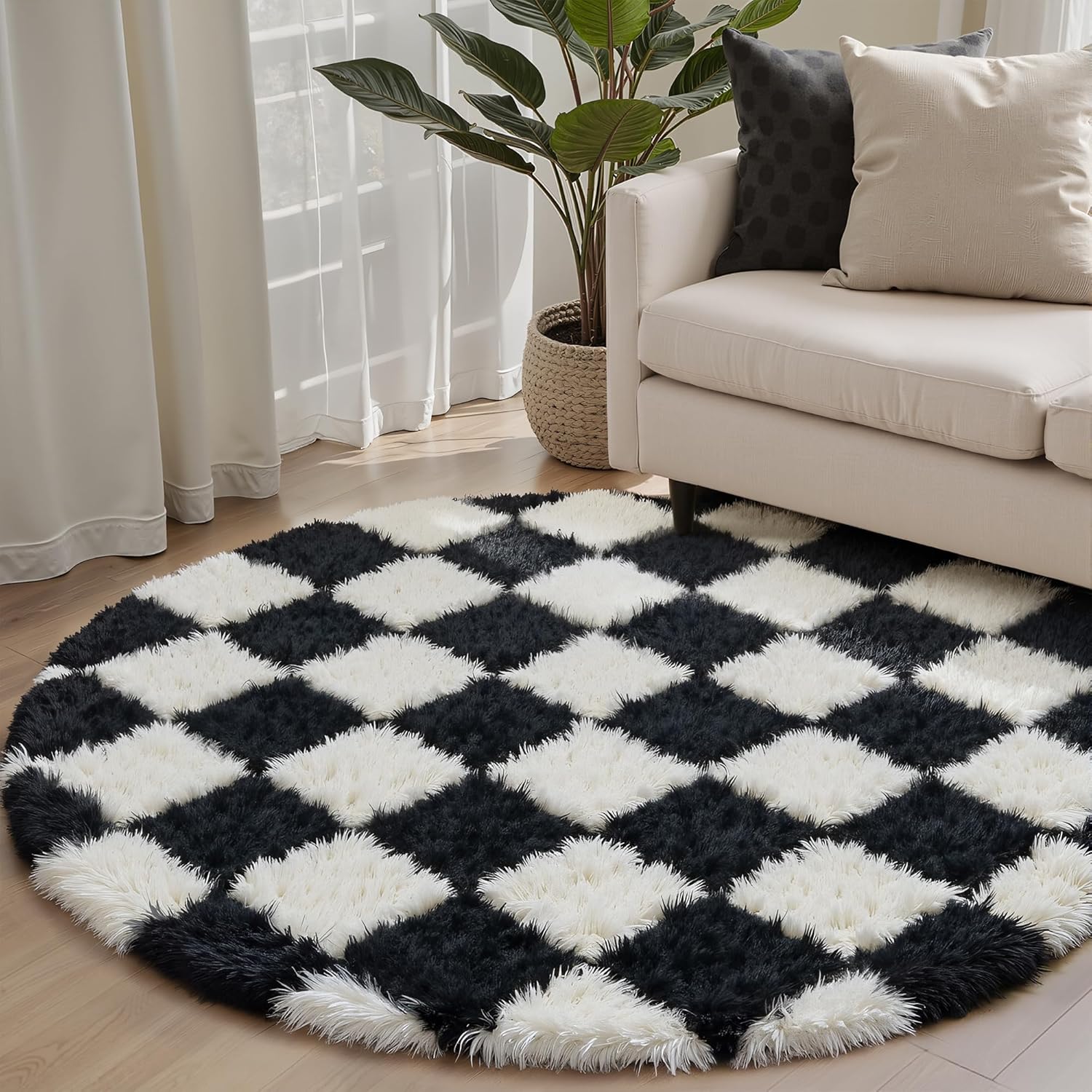 Checkered Rug 4x4 for Living Room, Black and White Modern Shag