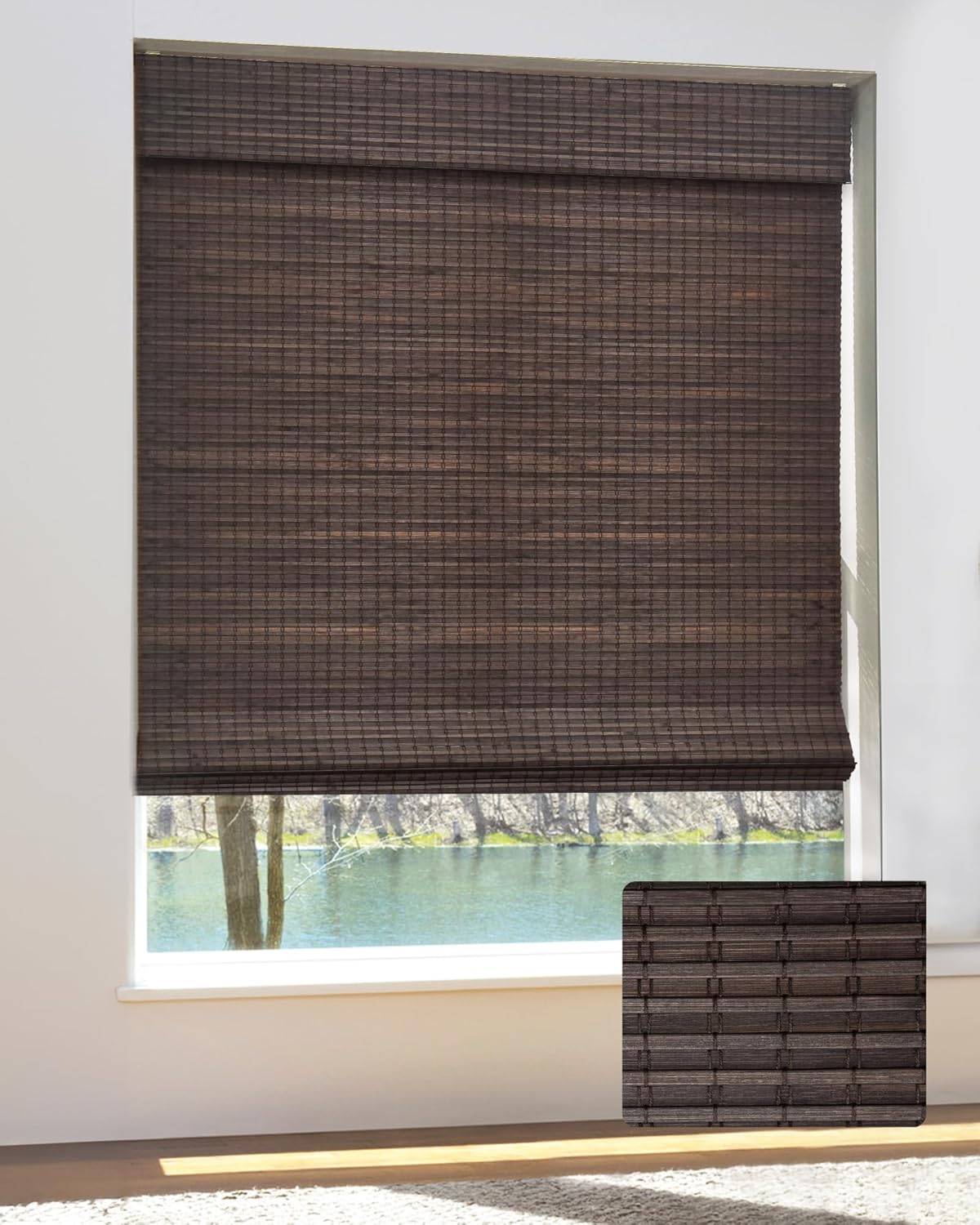 Cordless Bamboo Roman Shades for Windows - Elegant Espresso Blinds