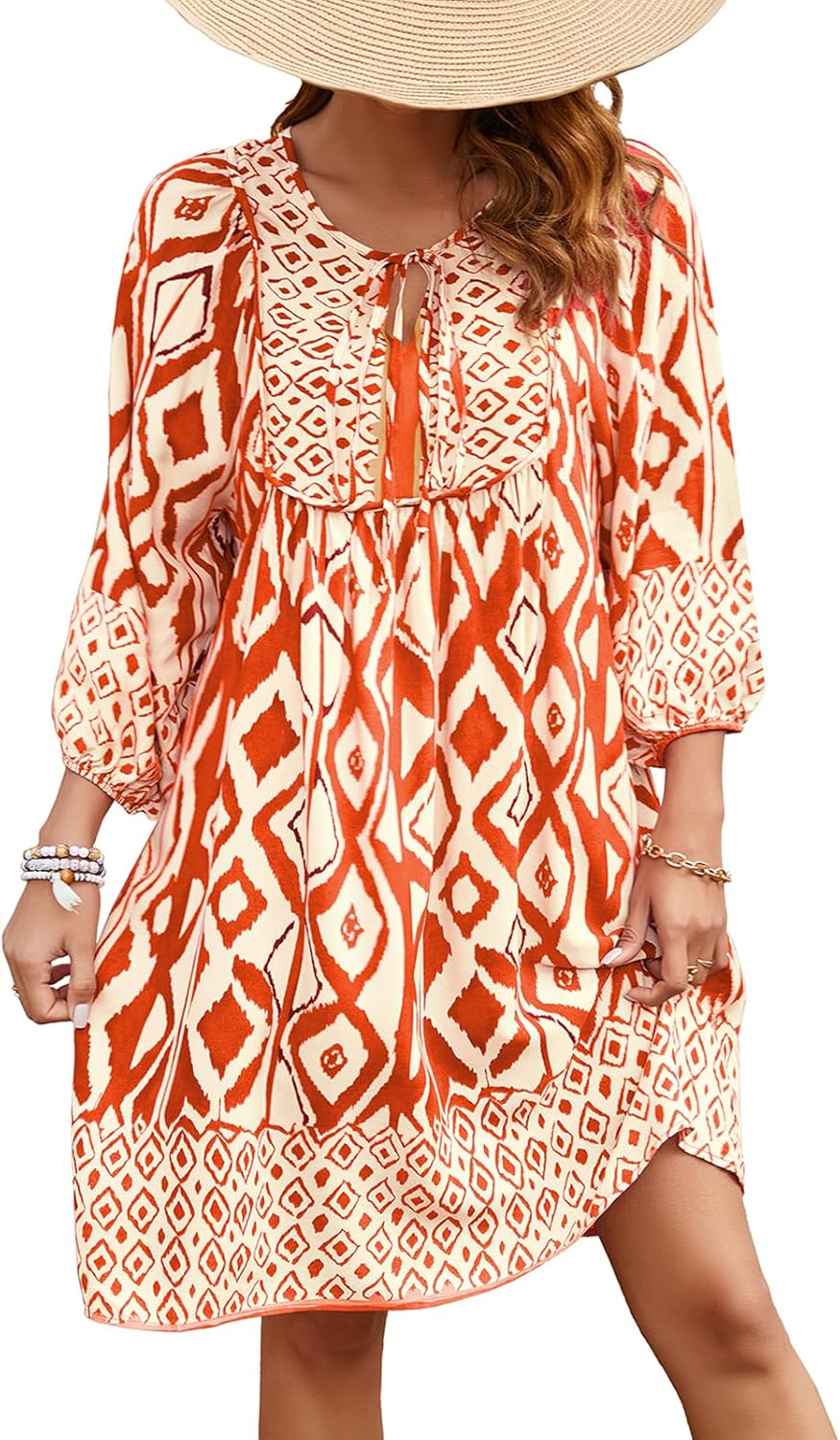 Qearal Womens Casual V Neck Boho Floral Mini Summer Dress