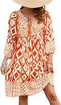 Womens V Neck 3/4 Sleeve Boho Floral Short Summer Dress - Lightweight