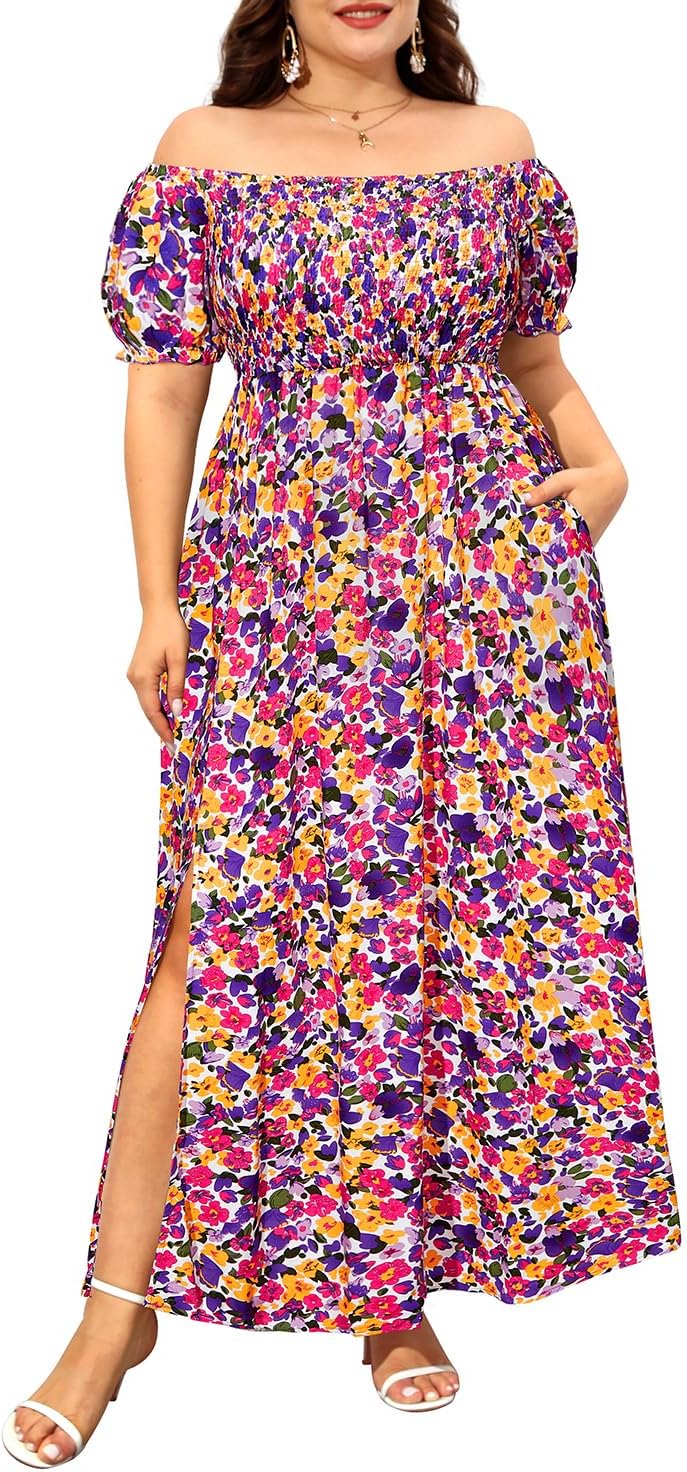 Plus Size Summer Dresses - Boho Casual Off Shoulder Floral Maxi