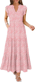 Womens Flowy Tiered Maxi Dress V Neck Ruffle Sleeve - Summer Casual