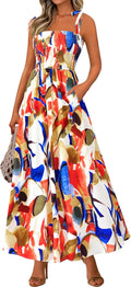 Womens Summer Floral Smocked Maxi Dress - Flowy Boho Sundress