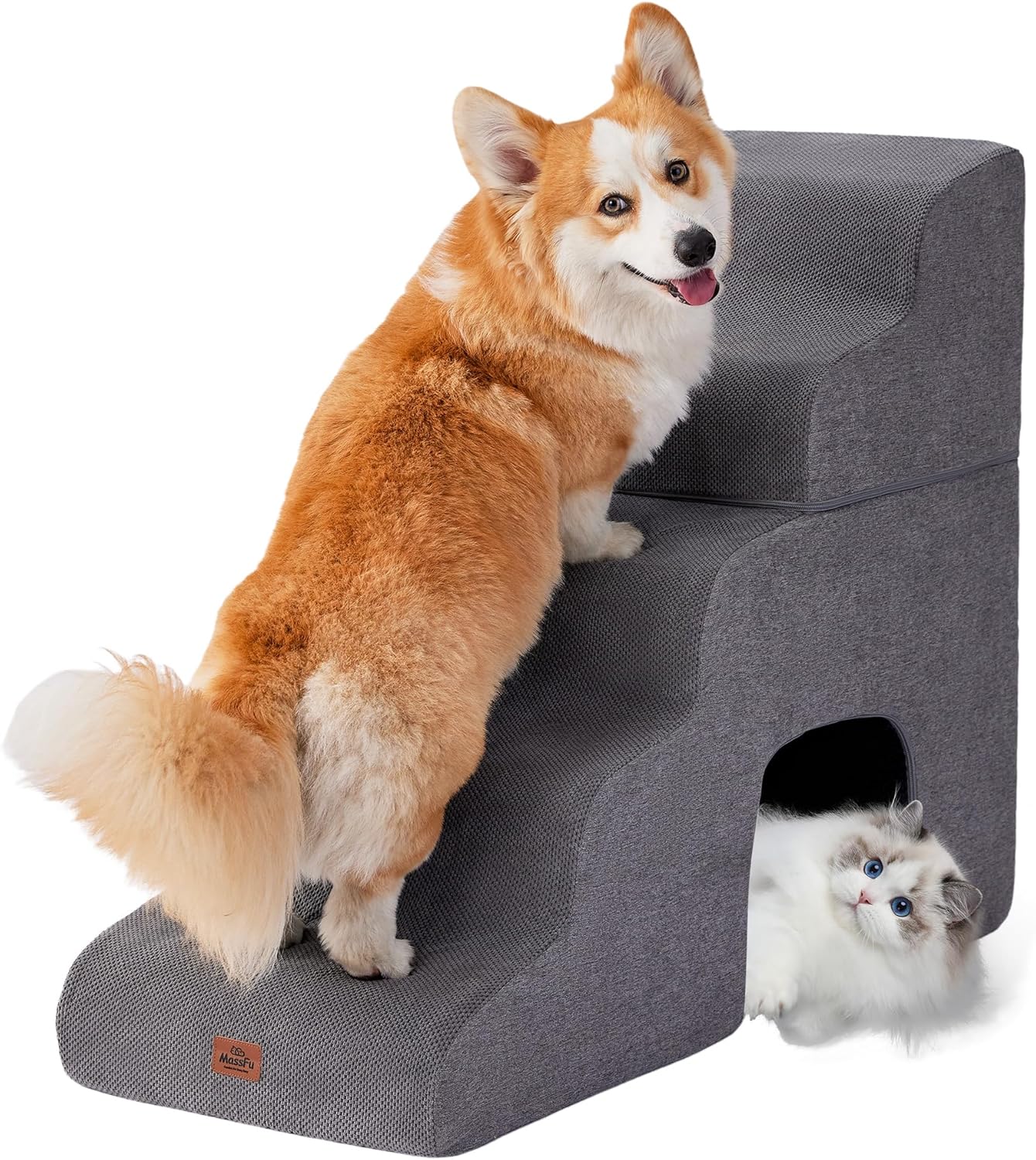 Gray Curved Dog Stairs Ramp for High Beds - 5-Step Pet Steps
