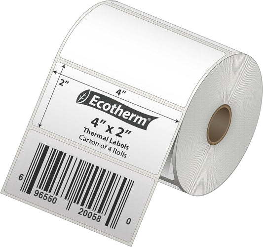 Ecotherm 4x2 Thermal Labels | 4 Rolls | 3040 Labels | Multi-Printer Compatibility | Blank White Stickers