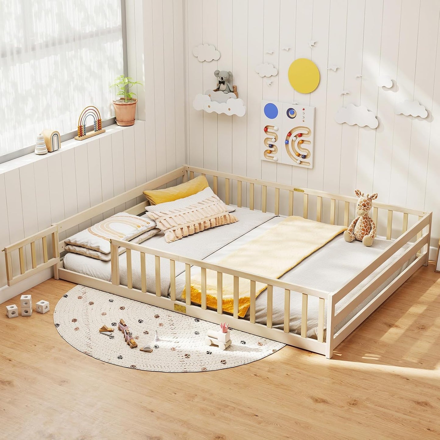 KOMFOTT Queen Size Montessori Floor Bed with Safety Guardrails