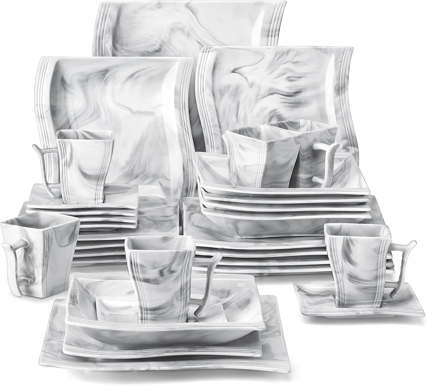 MALACASA 30 Piece Porcelain Dinnerware Set for 6, Marble Grey
