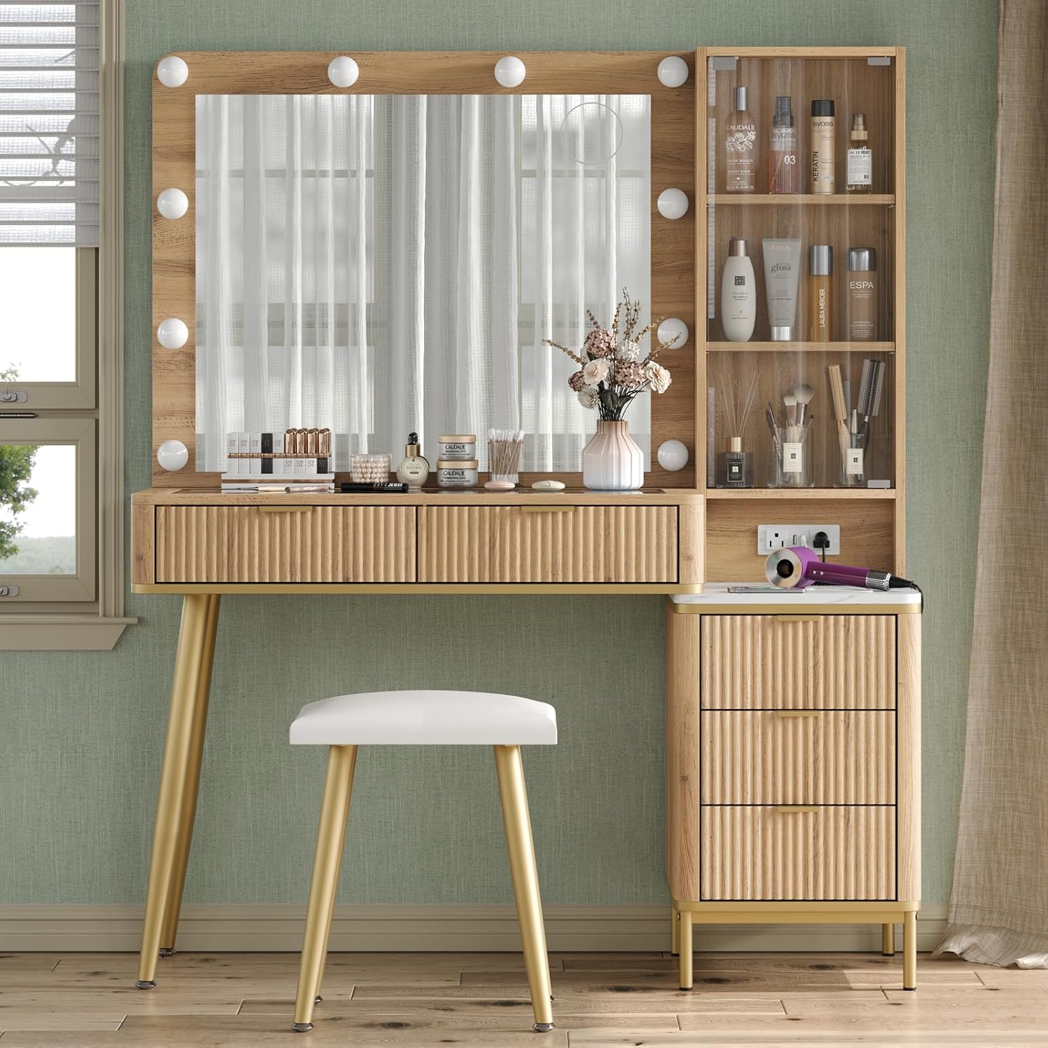 Yanosaku 48 Fluted Vanity Desk with HD Mirror