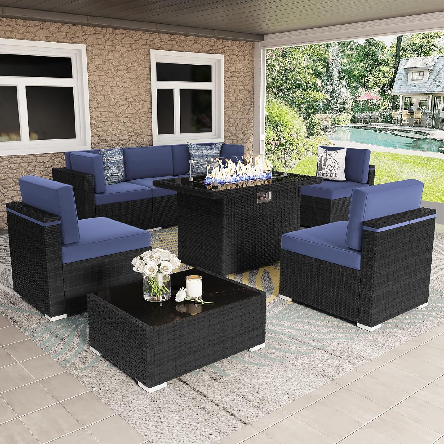 8 Pieces Patio Furniture Set with 44in Fire Pit Table for Comfort