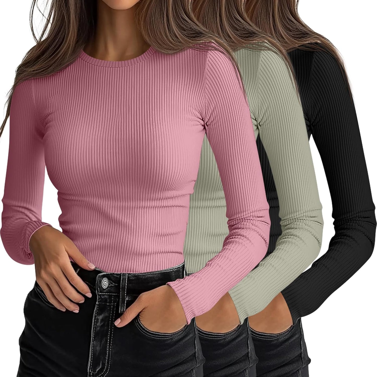 Ficerd Women's Ribbed Long Sleeve Tops for Casual Layering