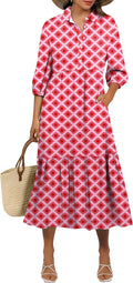 Women Summer Dress Rayon Maxi V Neck 3/4 Puff Sleeve - Boho Print