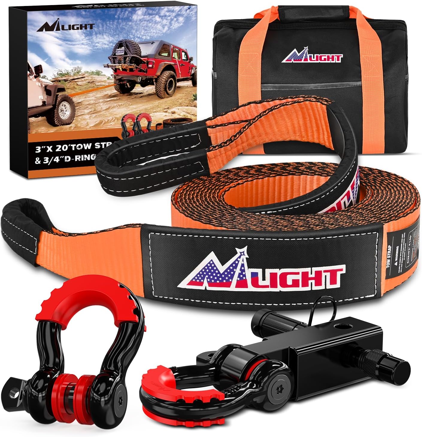 Nilight 3in x 20ft Recovery Tow Strap Kit for Heavy Duty Use