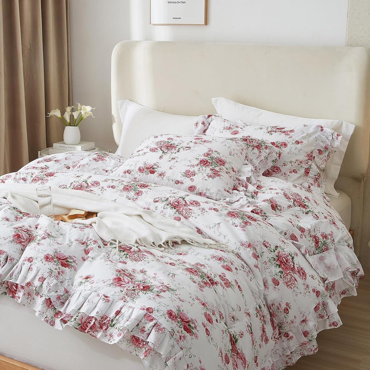 Ruffle Full Duvet Cover Set with Pink Red Flower Prints