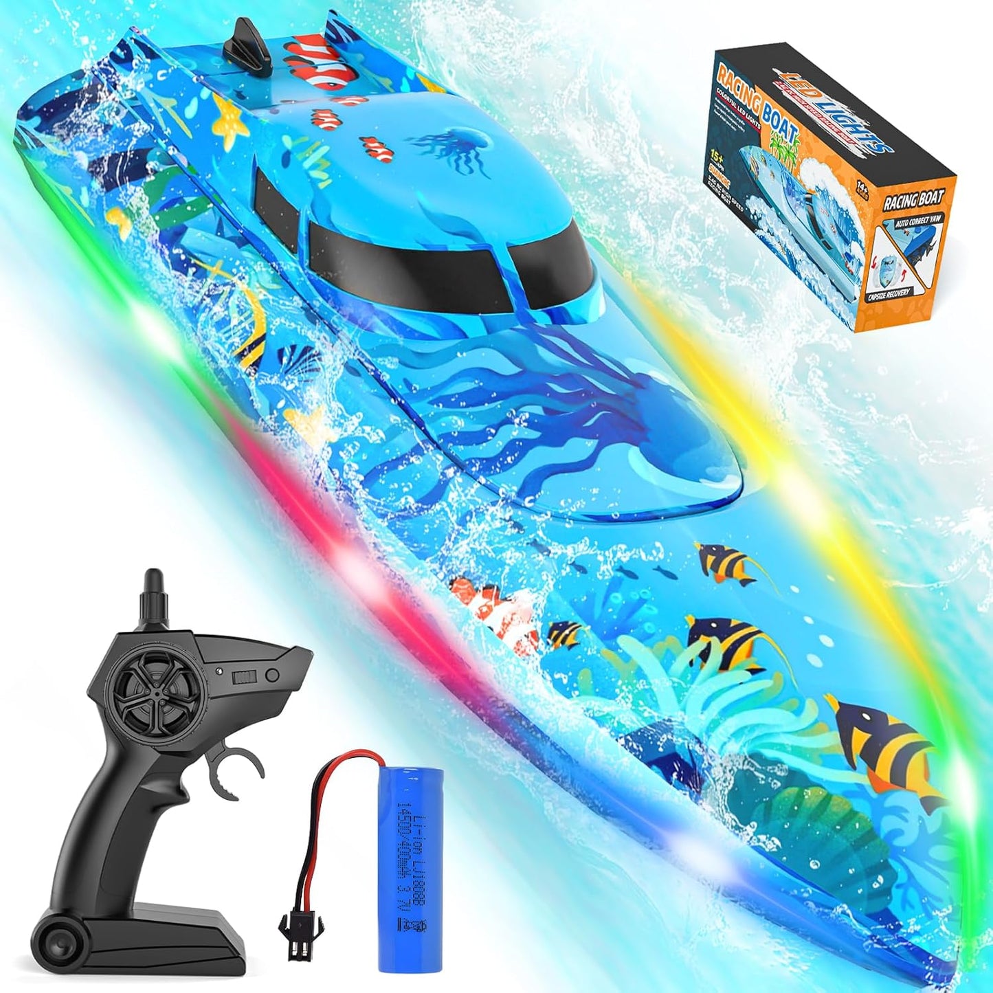 Remote Control Boat with LED Lights for Kids - Waterproof Fun
