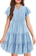Girls Pom Poms Flutter Ruffle Midi Polka Dot Dress with Pockets