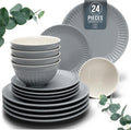 Stoneware Dinnerware Set for 8 in Gray-Blue HYGGE 24-Piece - Ribbed