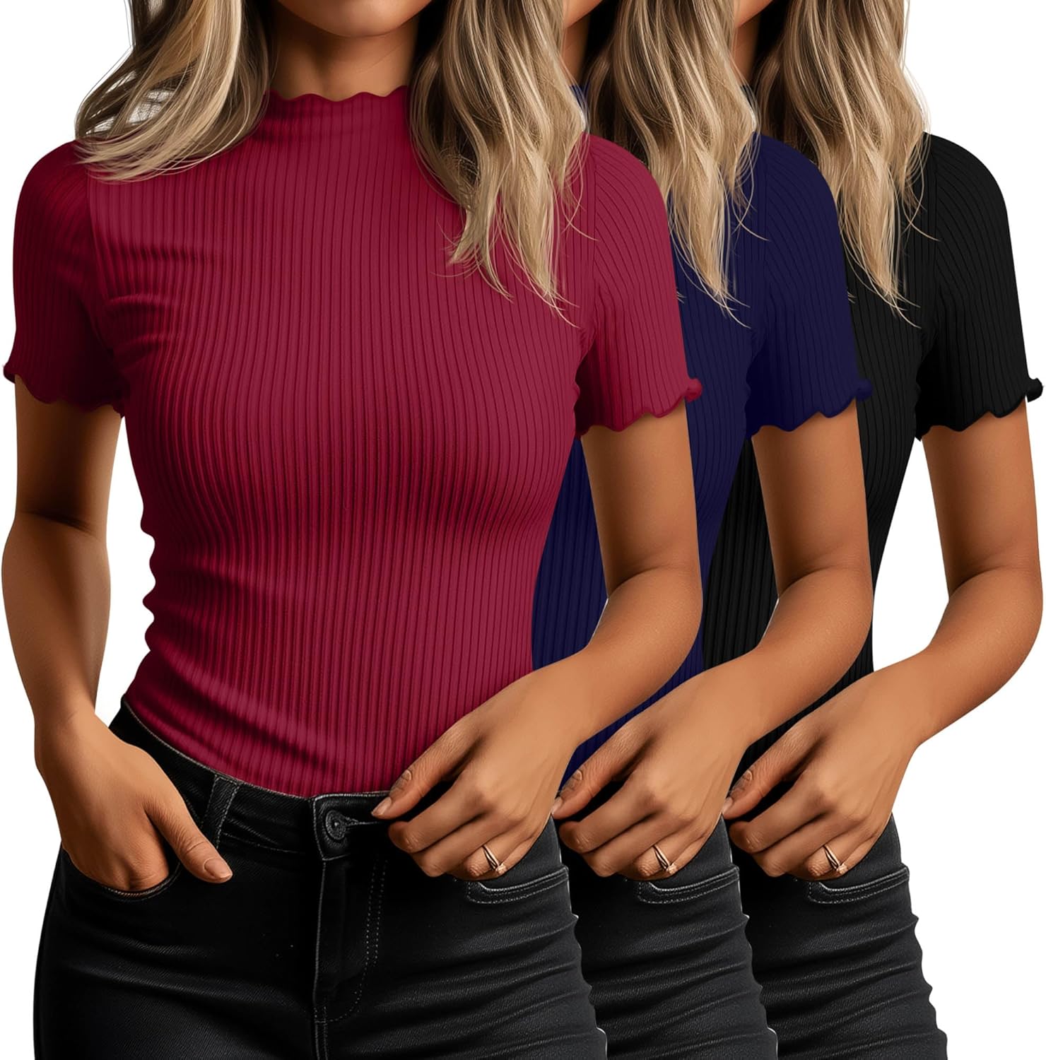 Huukeay Women's Mock Turtleneck Short Sleeve Tops - 3 Pack