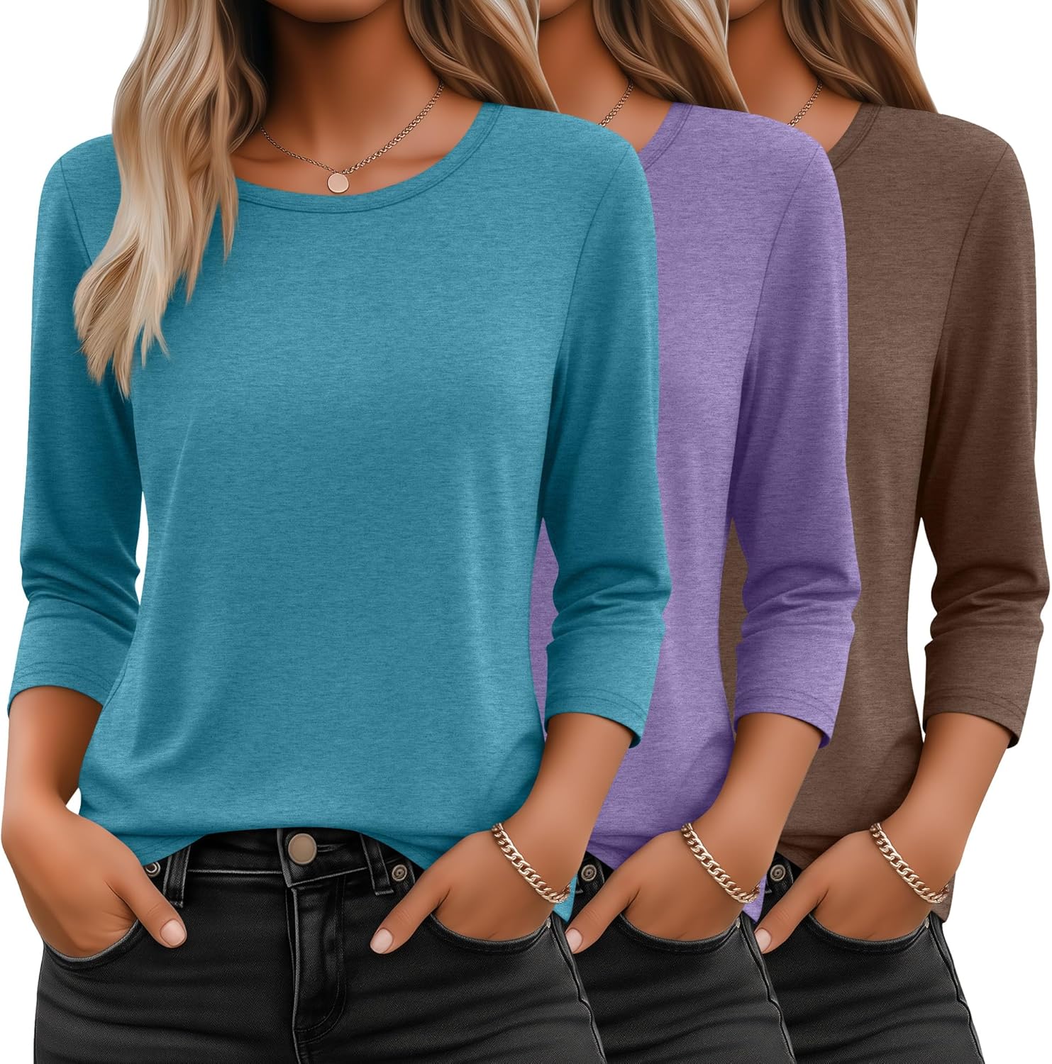 3 Pack 3/4 Sleeve Tops for Women - Dressy Casual Tees