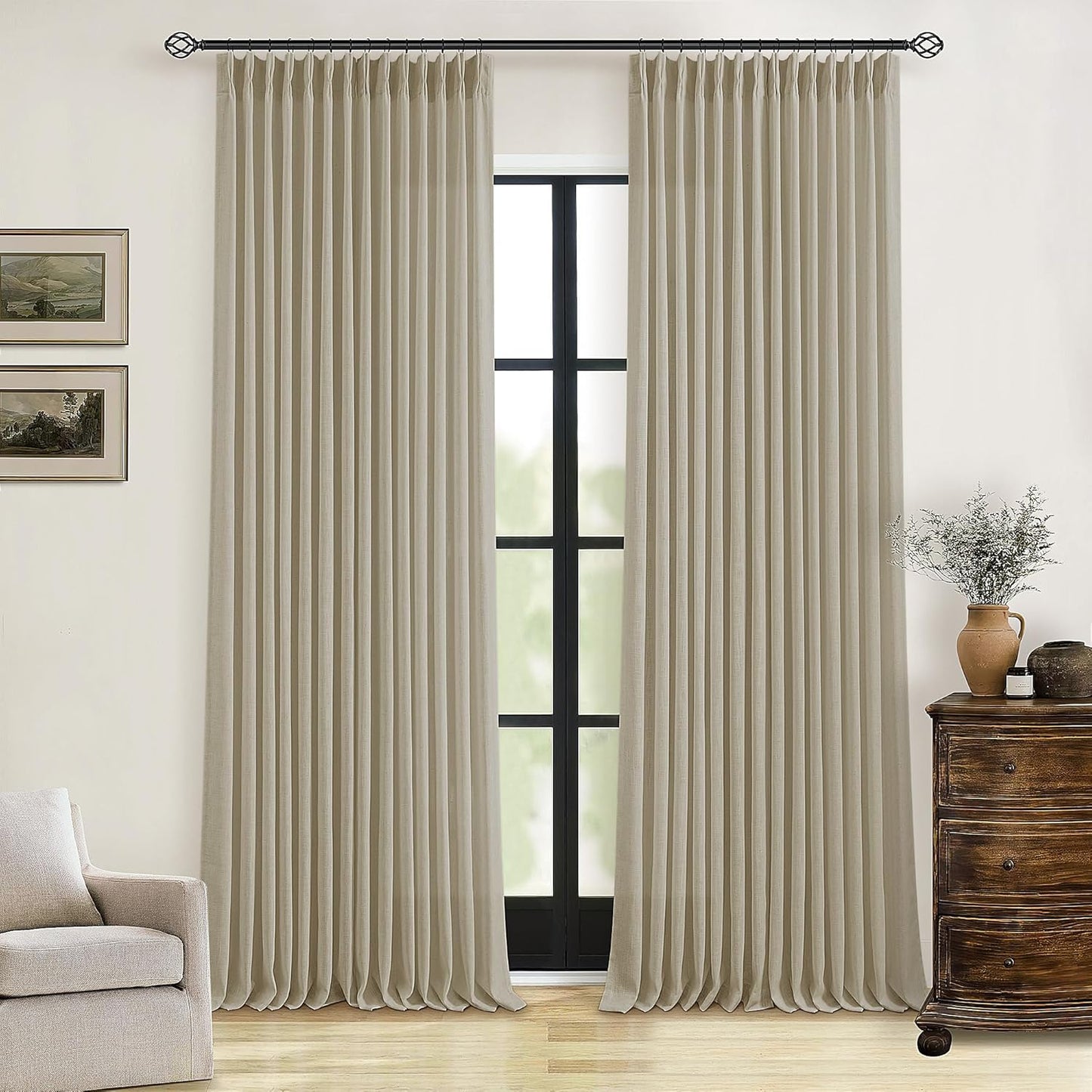 Farmhouse Pleated Linen Khaki Curtains 102 Inches Long Set