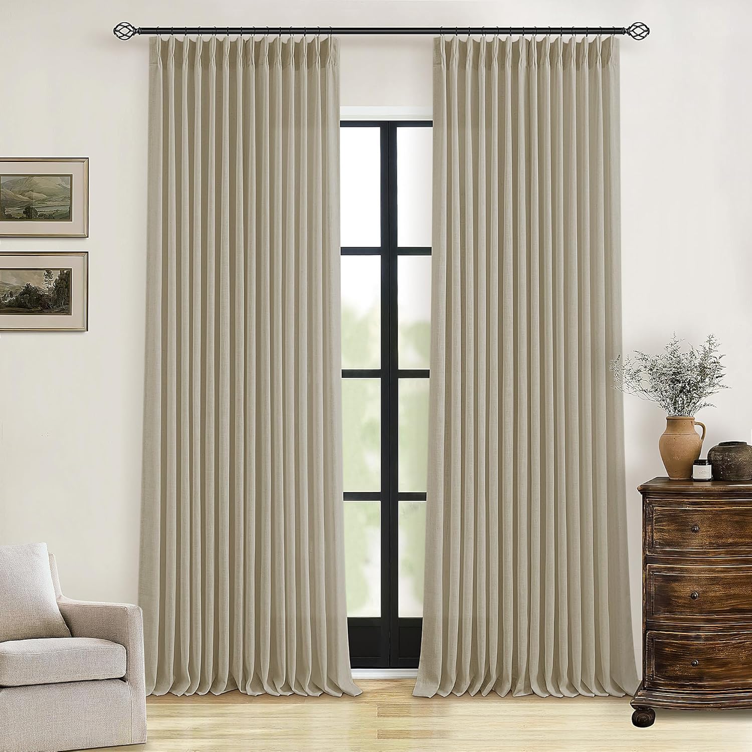 Farmhouse Pleated Linen Khaki Curtains 102 Inches Long Set
