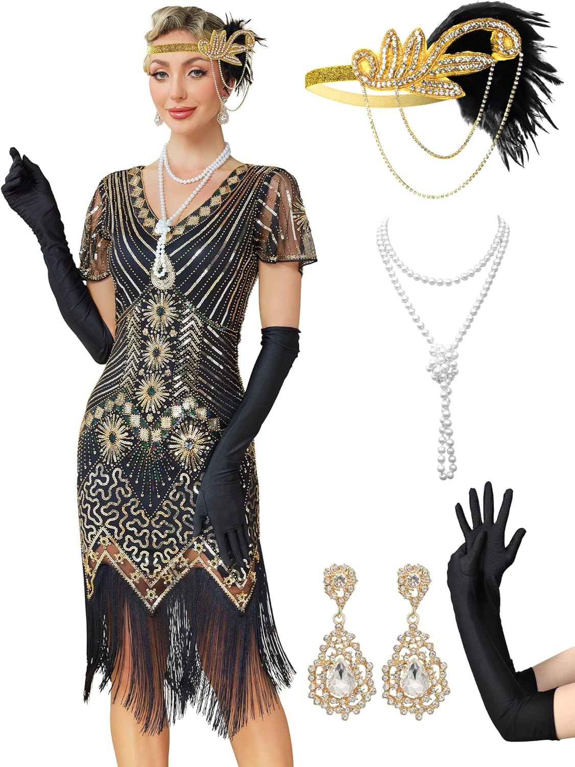 1920s Flapper Dresses for Women with Beaded Sleeves and Accessories