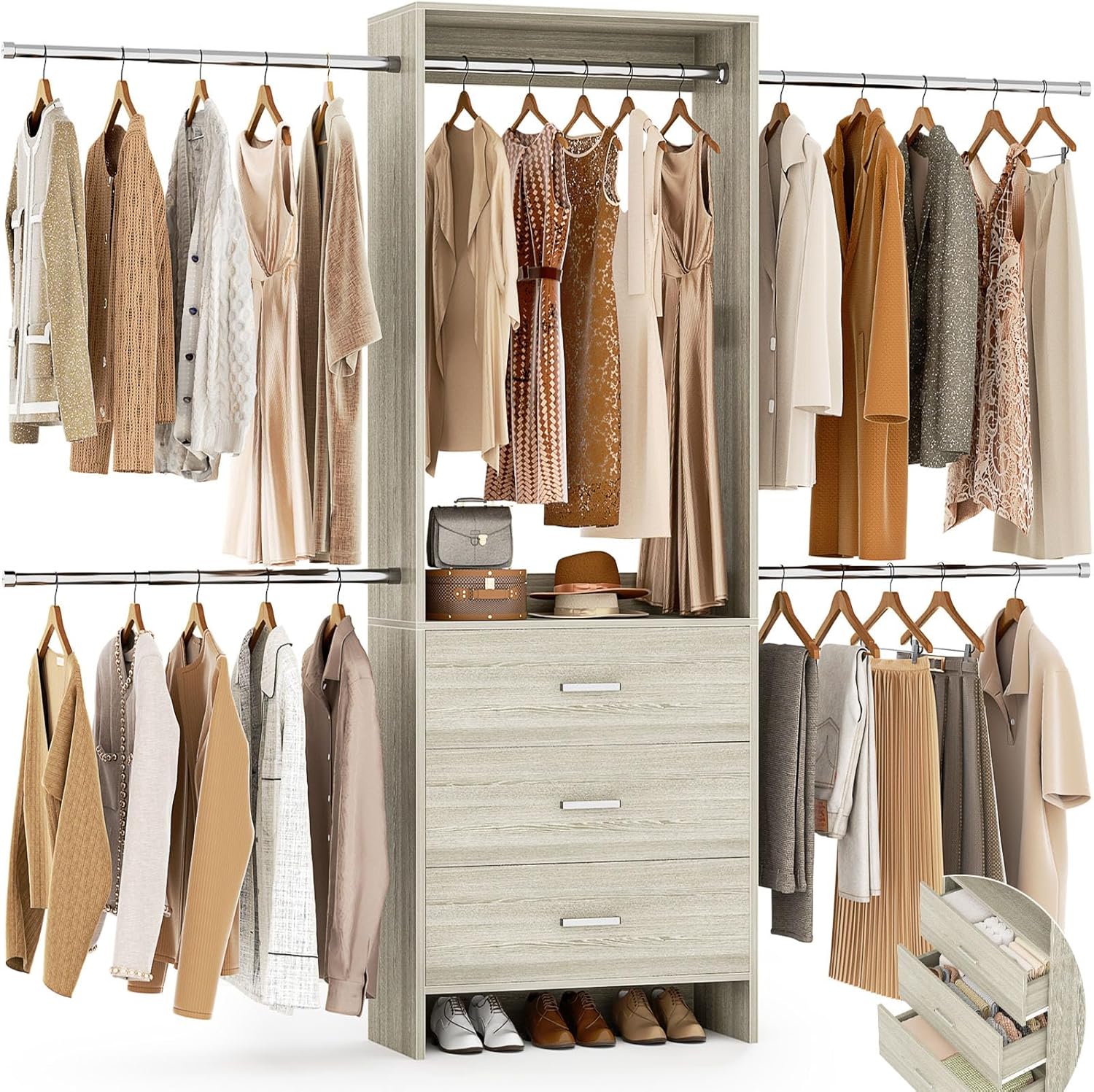 Aheaplus Closet Organizer System with 3 Wooden Drawers and Rods