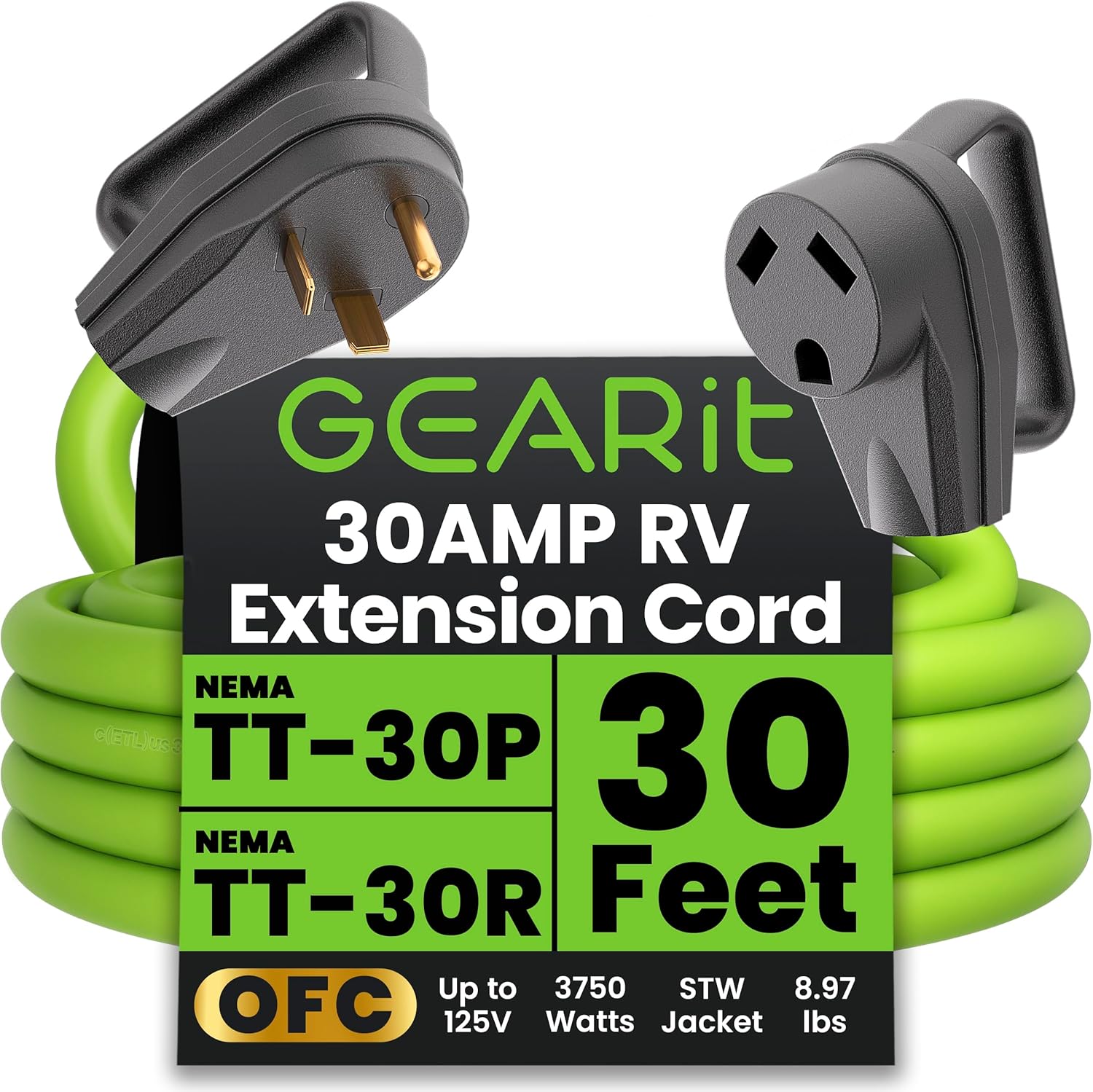 30 Amp Extension Cord for RV and Auto, 30 Feet Long