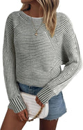EVALESS Striped Boat Neck Batwing Sleeve Oversized Sweater - Cozy Fall