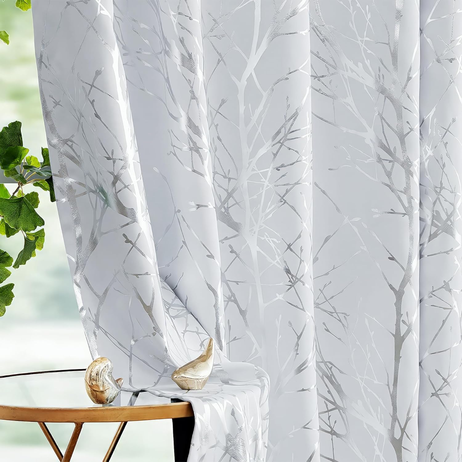FMFUNCTEX 100% Blackout Curtain with Silver Foil Branch Design
