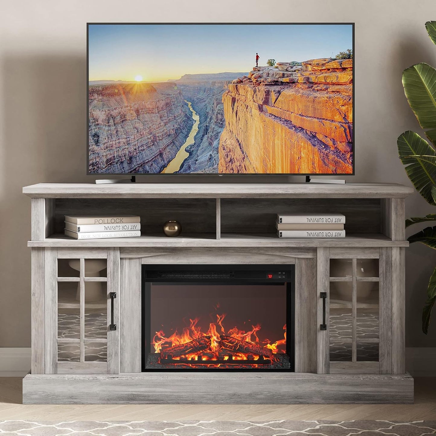 Traditional 58 Rustic TV Stand with Electric Fireplace Heater