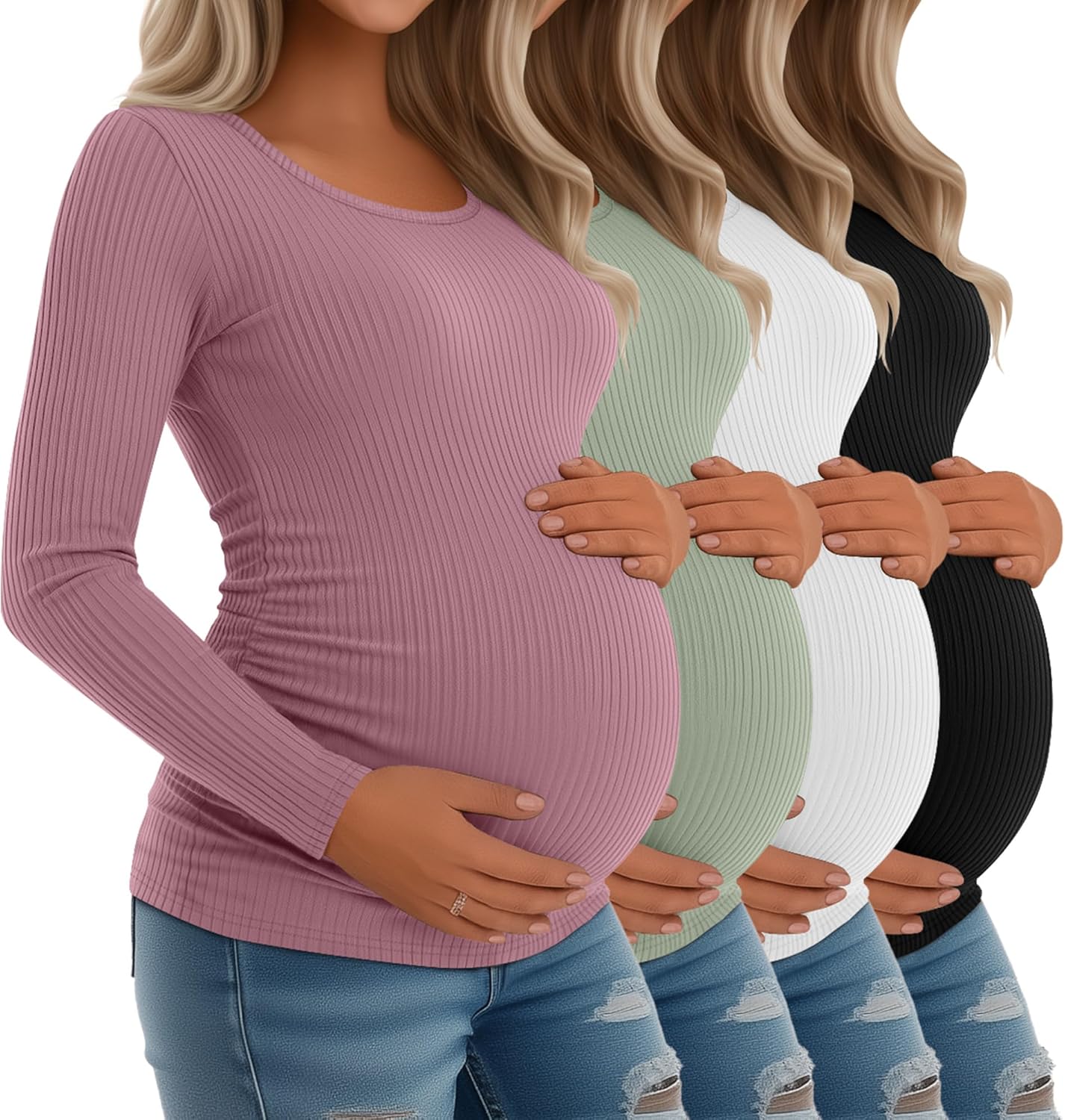Riyiper Maternity Shirts 4 Pack Long Sleeve Cotton Tee Tops