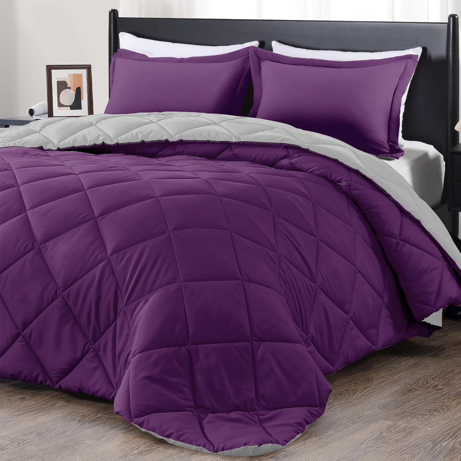 Downluxe Queen Comforter Set - Soft Purple and Grey Bedding