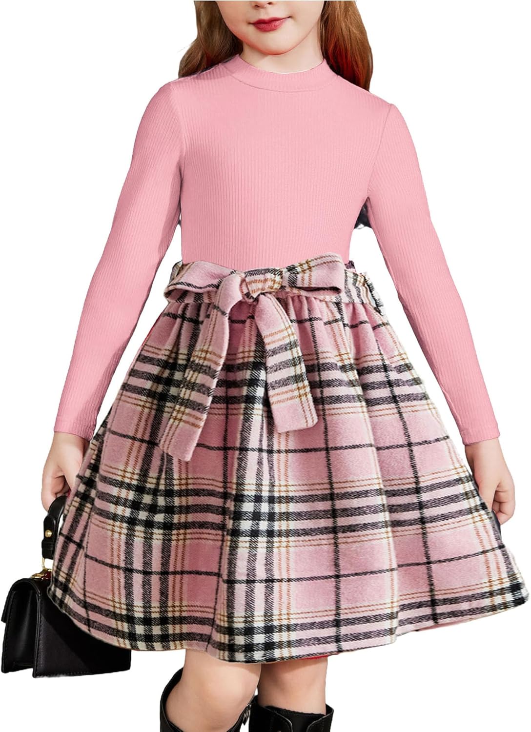 Arshiner Girls Dresses Long Sleeve Knit Plaid Dress with Pockets