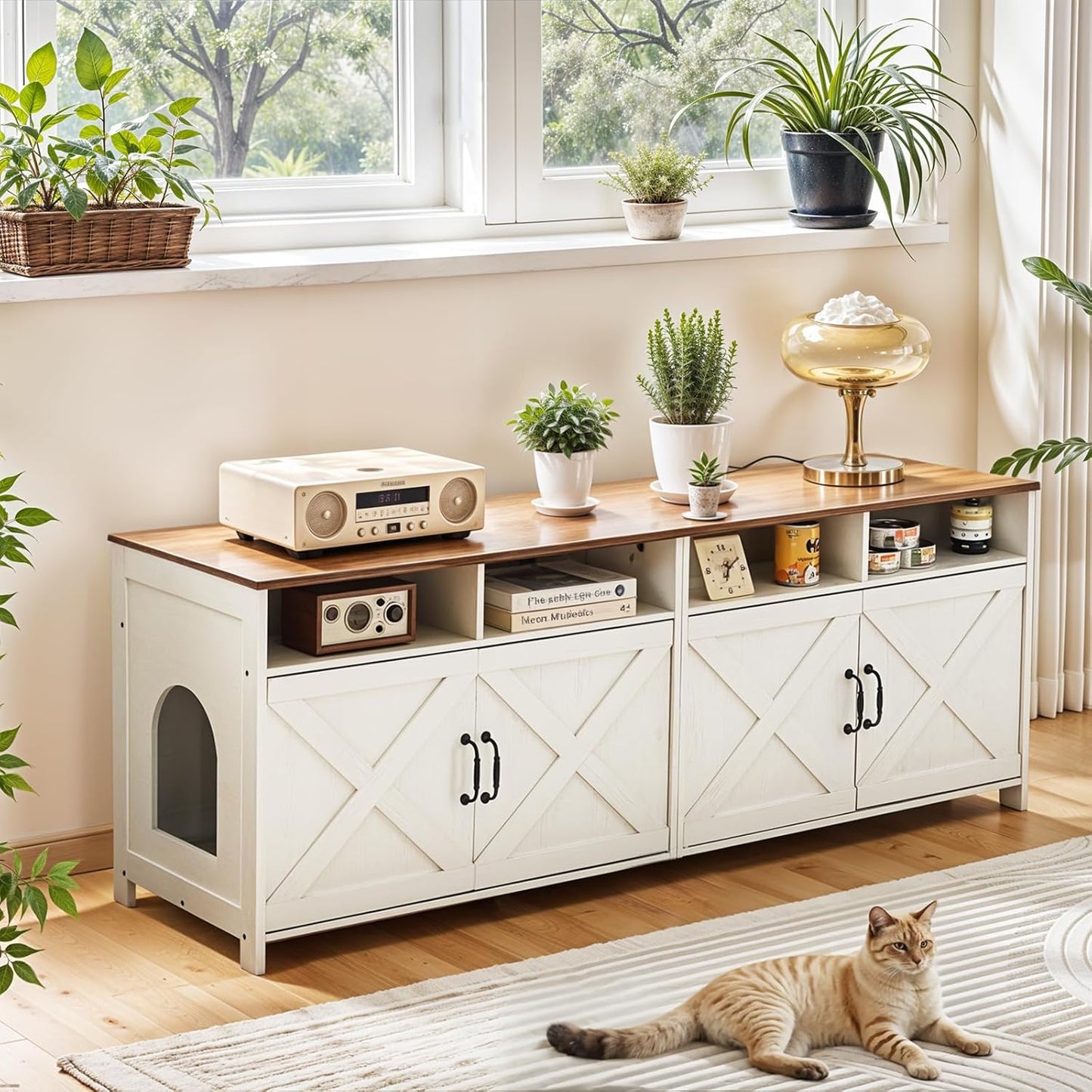 Double Cat Litter Box Enclosure for 2 Cats, Rustic Style