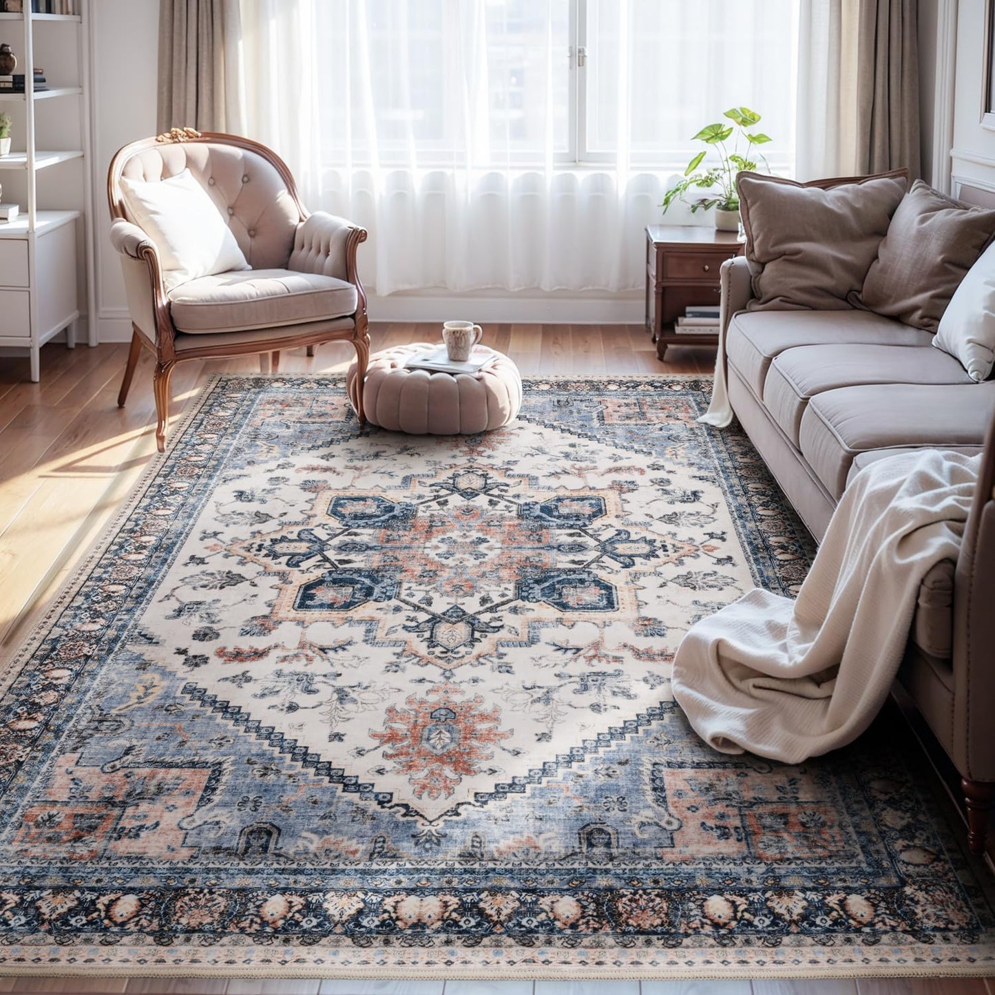 9 x 12 Area Rugs for Living Room - Vintage Soft Blue Rust