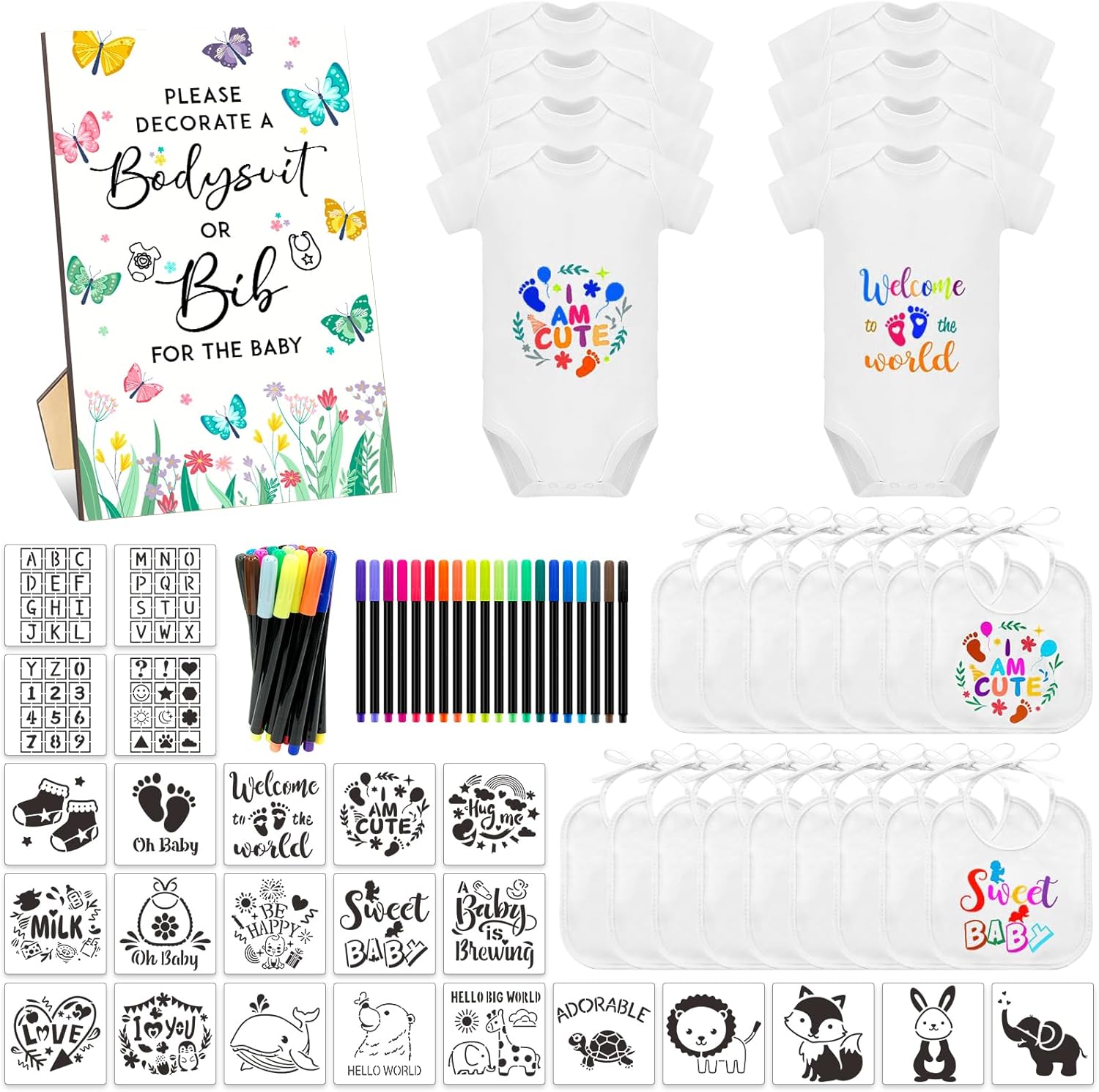 69 Pcs Baby Bib Bodysuit Set for Fun Baby Shower Activities