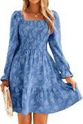 BerryGo Women's Square Neck Fall Long Sleeve Mini Dress - Smocked Boho