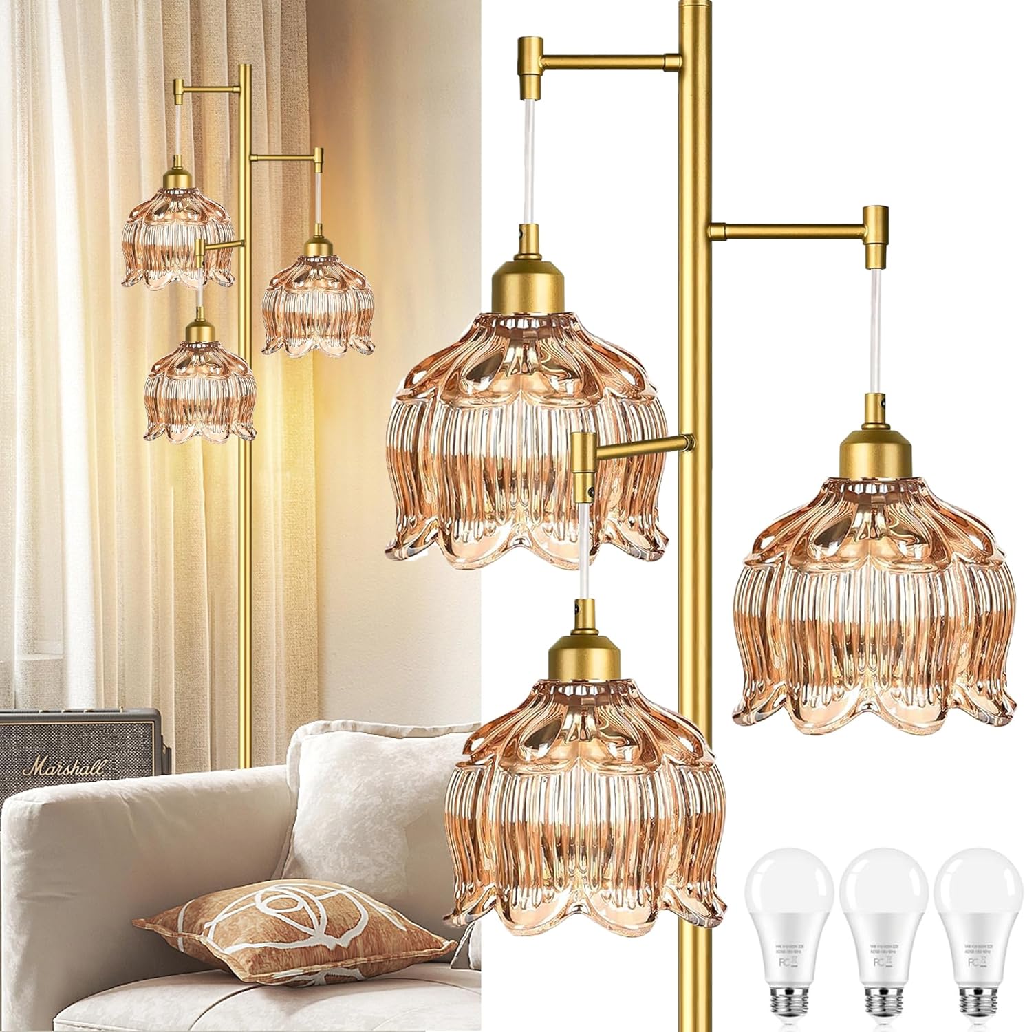 Gold Floor Lamp with Unique Glass Shades for Modern Living Room