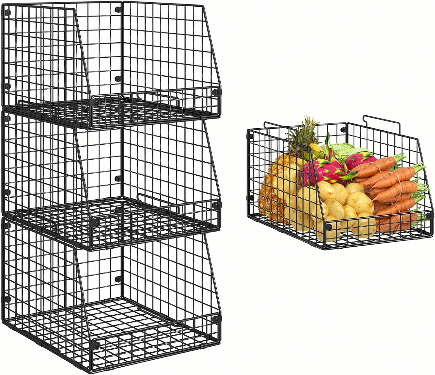 3 Pack XXL Stackable Wire Baskets for Kitchen and Pantry Use