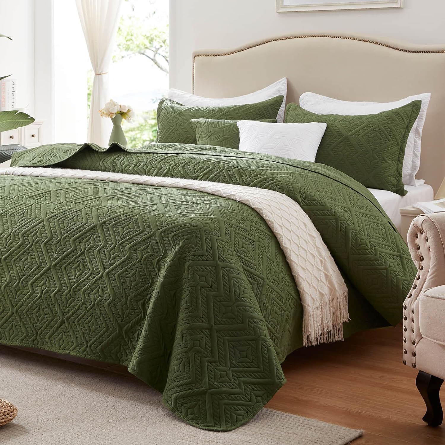 LEAONME Twin Quilt Set - Lightweight Olive Green Bedspread